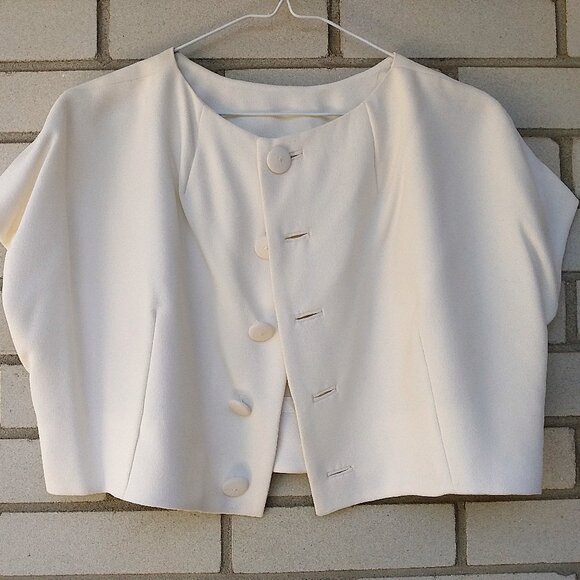 Vintage 60s Off-White Bolero Dress Jacket 42"B Rockabilly Formal Crepe Chiffon - Picture 1 of 10